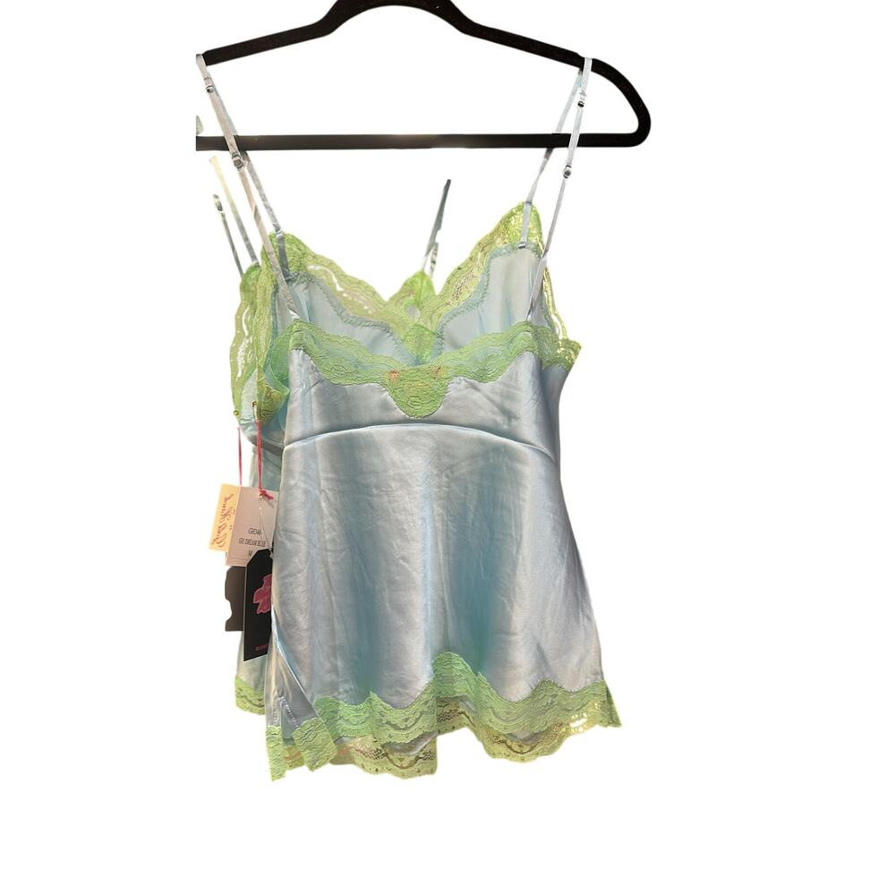 $180 Gold Hawk Blue 100% Silk Cami Green Lace Tank M - Picture 2 of 4